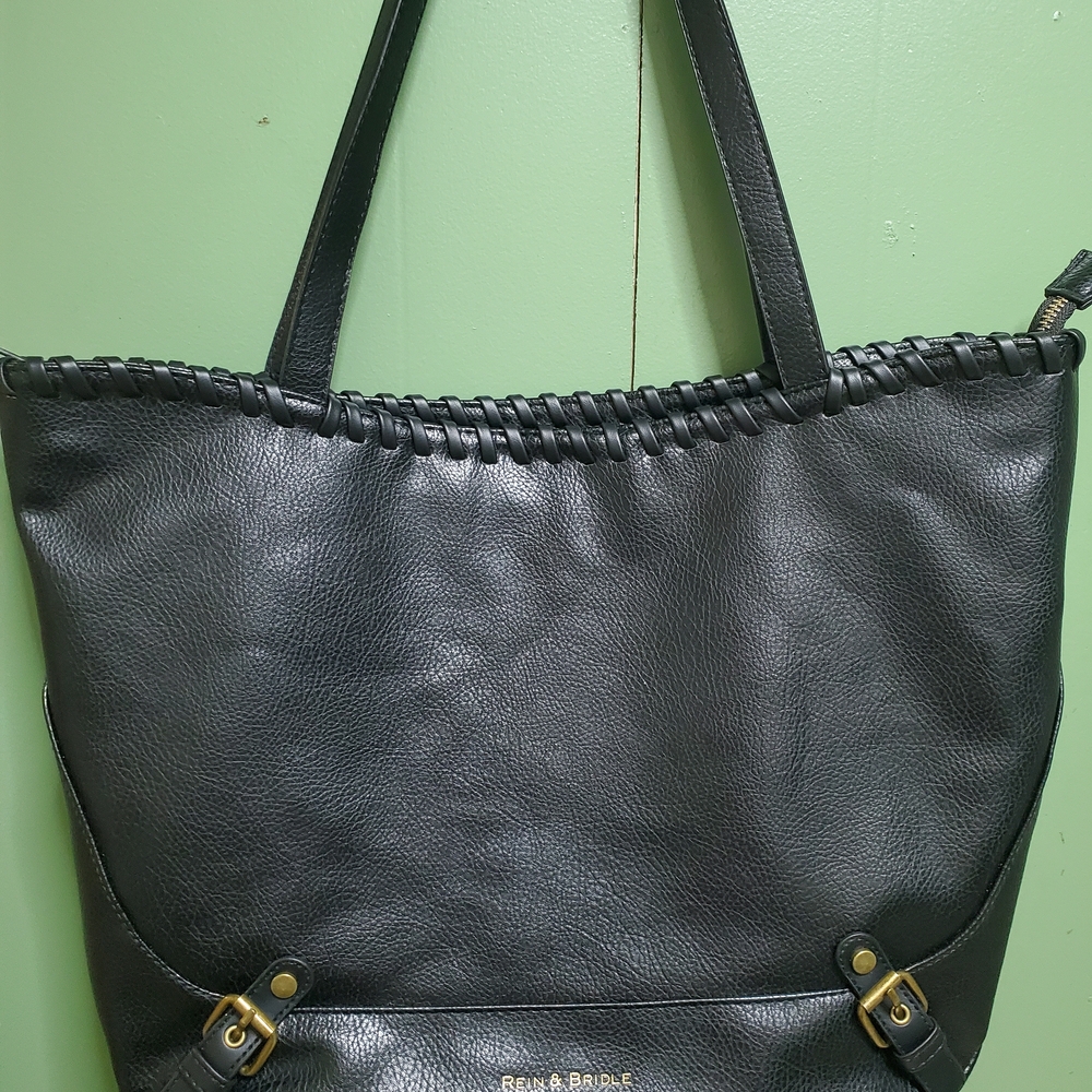 Black Leather Tote with Gold Accents